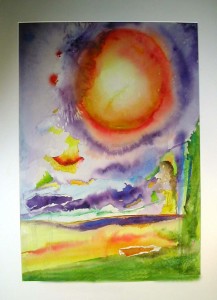 abstract watercolor purples, oranges, greens